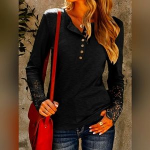 FEMME Buttoned Long Sleeve Tshirt with lace detail